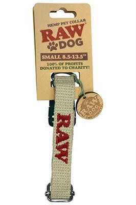 RAW Dog Collar, hemp pet collar with red embroidered 'RAW' text and metal clasp shown on beige cardboard packaging.