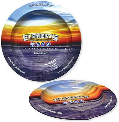 Elements Metal Ashtray Blue, round metal ashtray with a vibrant sky and ocean sunset design in blue, orange, and purple colors.