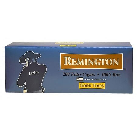 Remington Filtered Cigars Light, product packaging of a box containing 200 filtered cigars with a blue and brown design.
