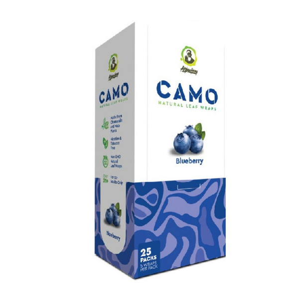CAMO Natural Leaf Wraps Blueberry 25/5, product packaging box with blueberry flavor wraps and blue leaf design.