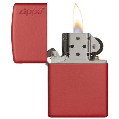 Zippo Matte W/ Zippo Logo, close-up of a red matte Zippo lighter with the lid open and flame ignited.