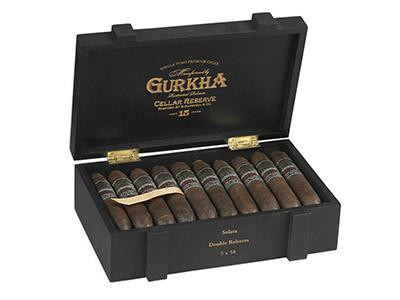 Gurkha Cigars Cellar Reserve Limitada Solara-Dbl Robusto 20 Ct. Box, open black cigar box containing twenty cigars with labels, displayed on a flat surface.