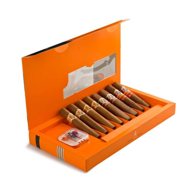 AVO Avo Cigar Sampler Robusto Assortment 8 Ct. Box, featuring a bright orange box with eight cigars neatly arranged inside and labeled with colorful bands.