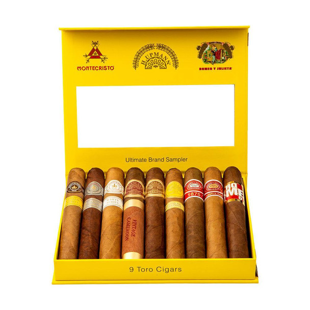 Altadis Ultimate Brand Cigar Sampler 9 Ct. Box, yellow cigar box with nine assorted cigars inside and brand logos on the top of the box.