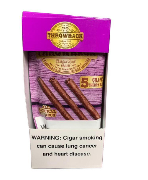 Throwback Natural Leaf Cigars Grape Cherry Blizz 8 Packs of 5, box of natural leaf cigars with purple packaging and image of grape and cherry flavored cigars.