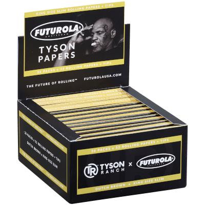 Futurola Tyson Ranch Papers King Size With Tips, open box showing multiple packs of rolling papers with tips inside.