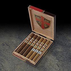 Ave Maria Toro Sampler 6 Cigars, opened wooden cigar box containing six cigars with shield logo on the inside lid