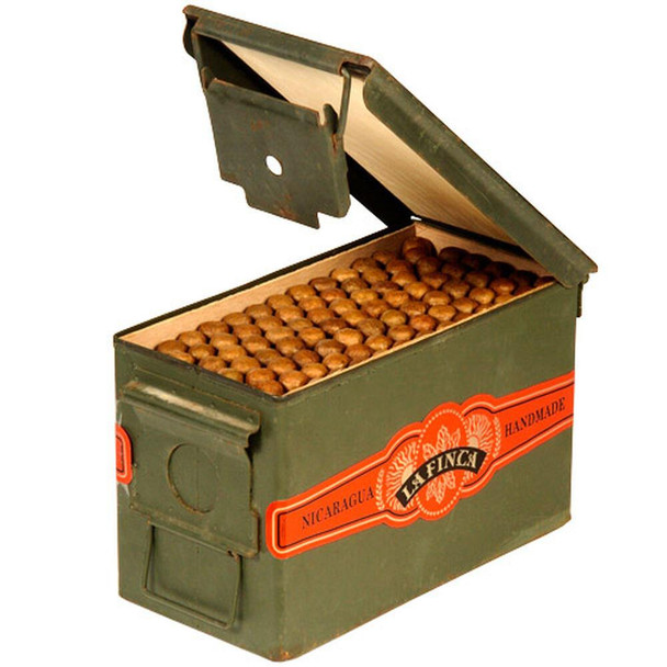 La Finca Ammo Cigars 91Ct. Box, vintage green metal ammunition box filled with cigars.