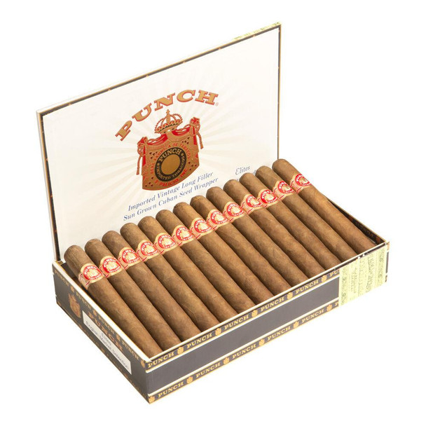 Punch Elite Cigars 25 Ct. Box, open box showing 25 cigars with red and gold labels.