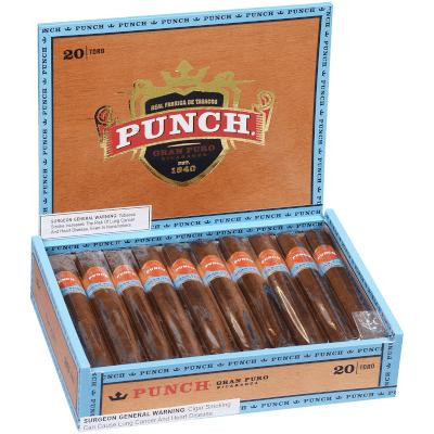 Punch Gran Puro Nicaragua Toro Cigars 20Ct. Box, open box showing 20 cigars arranged in a row inside a colorful packaging with branding and warning labels.