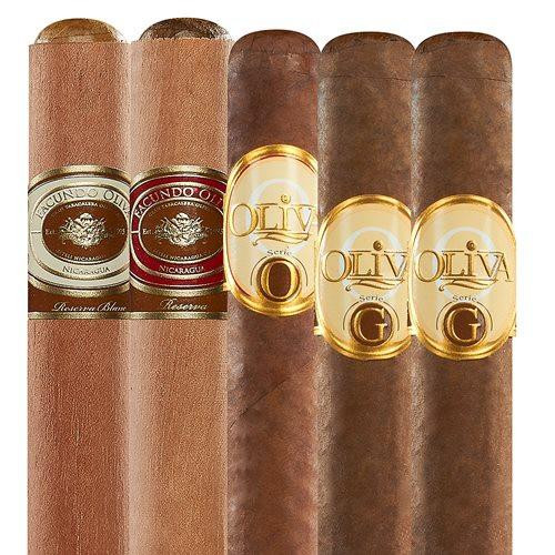 Oliva Cigars Oliva New Age 5 Cigars Sampler, an assortment of five cigars with varying sizes and wraps, showcasing different styles for cigar enthusiasts.
