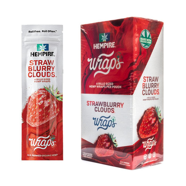 Hempire Wraps Strawblurry Clouds 15/4 Packs, image of red packaging and a single pack of hemp wraps with strawberry imagery for flavor.
