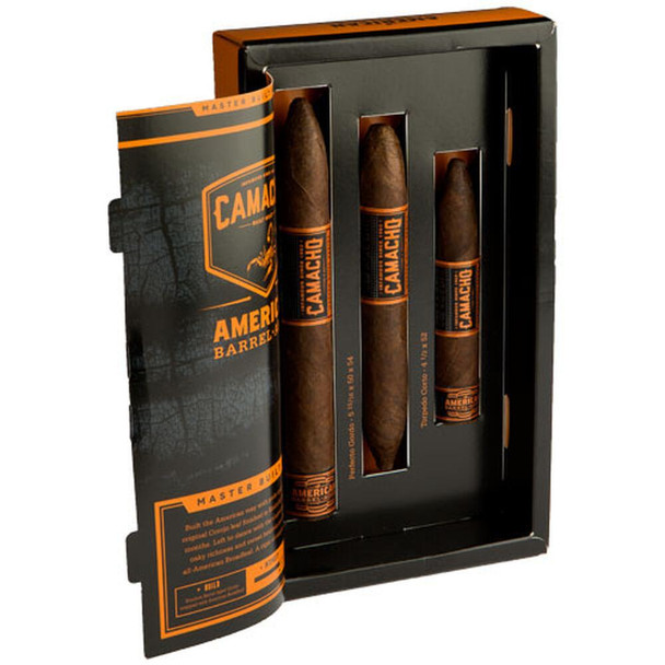 Camacho American Barrel-Aged 3Ct.Cigars Sampler, product image showing a black box with three cigars and a booklet.