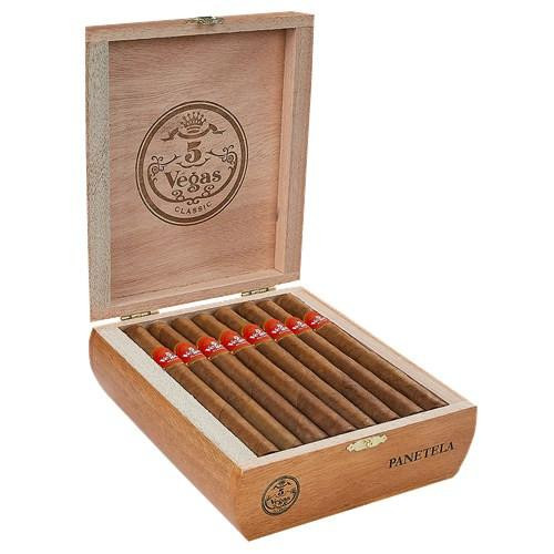5 Vegas Classic Panatela Cigars 25Ct. Box, open wooden cigar box with 25 panatela cigars inside</s>