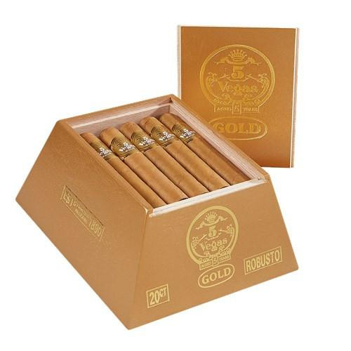 5 Vegas Gold Robusto Cigars 20Ct. Box, a box of 20 cigars with a gold and brown packaging design and a matching lid.