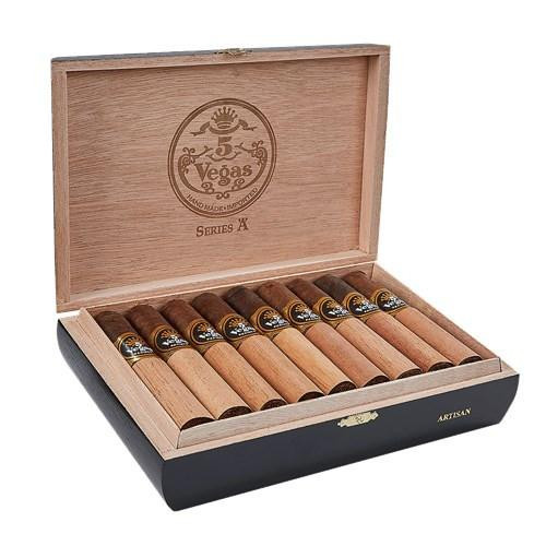 5 Vegas Series 'A' Artisan Cigars 20ct. Box, open wooden cigar box showing ten cigars inside.