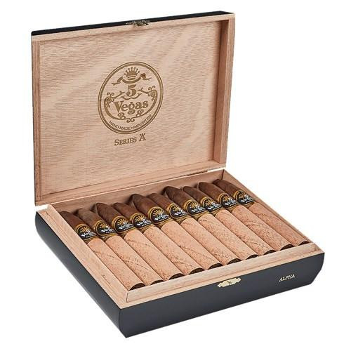 5 Vegas Series 'A' Alpha Cigars 20Ct. Box, wooden cigar box with 20 cigars inside, featuring a gold and black band and the 5 Vegas logo on the lid.
