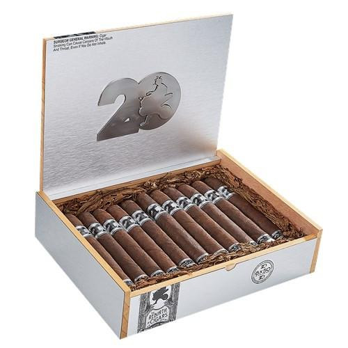 Drew Estate ACID 20 by Drew Estate Toro Cigars 24Ct. Box, opened to reveal 20 cigars inside with silver bands, in a white presentation box with wood accents and informational graphics.