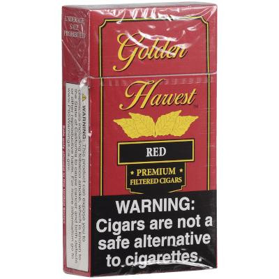 Rouseco Golden Harvest Filtered Cigars Red 10/20, red and gold packaged cigars with black warning label on the front.