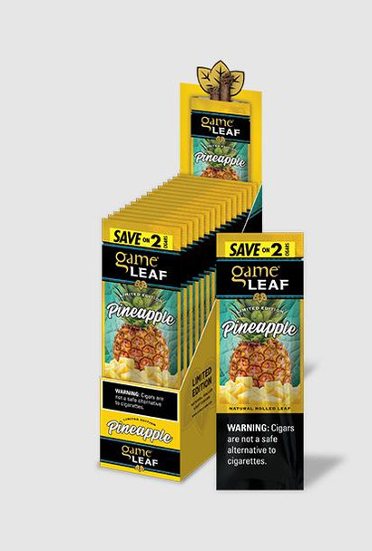Swedish Match Game Leaf Cigarillos Pineapple 15/2, display box of pineapple flavored cigarillos with leaf illustration and promotional stickers.