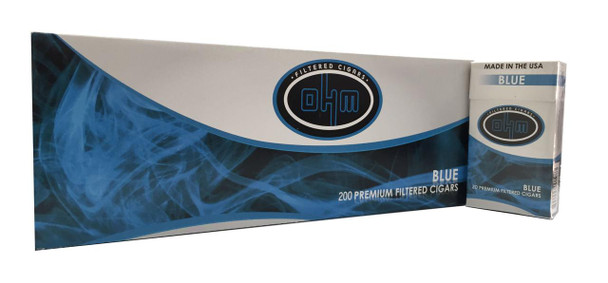 OHM Filtered Cigars Blue (Light) 10/20 Carton, box packaging with blue smoke design and additional smaller pack, made in the USA.