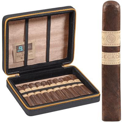 Rocky Patel Cigars Travel Case 10 Ct Decade, black and orange cigar travel case with 10 compartments, open showing a collection of cigars inside.