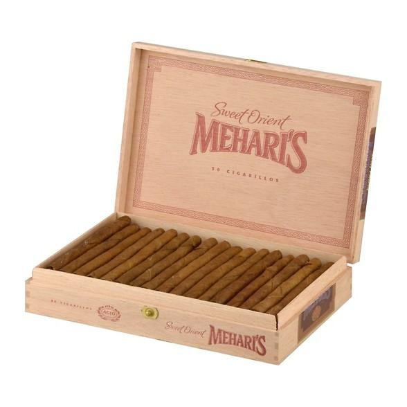 Agio Mehari's Sweet Orient Cigarillos 50Ct. Box, an open wooden box filled with neatly arranged brown cigarillos.