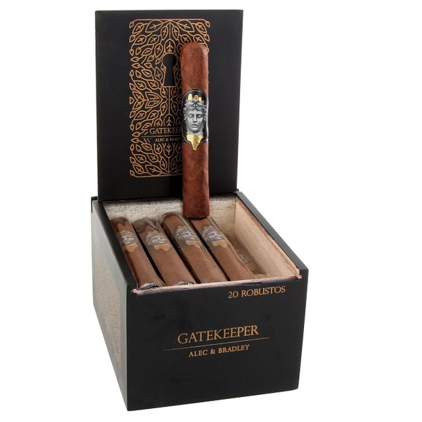 Alec Bradley Alec & Bradley Gatekeeper Robusto Cigars 20Ct. Box, black box with gold accents and a single cigar standing upright inside it.