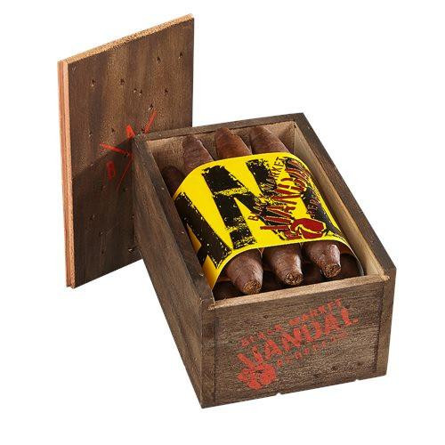 Alec Bradley Black Market Vandal Perfecto Cigars 10Ct. Box, wooden cigar storage box with cigars inside wrapped with a yellow and black band featuring red text.