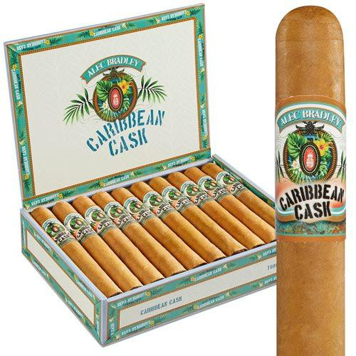 Alec Bradley Caribbean Cask Robusto Cigars 20Ct. Box, open box showing neatly arranged cigars with colorful labels featuring tropical design and the Alec Bradley logo.