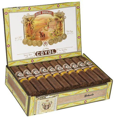 Alec Bradley Coyol Robusto Cigars 24Ct. Box, open box displaying 24 cigars with ornate packaging and artwork on the inside lid, set in a decorative gold and yellow box.