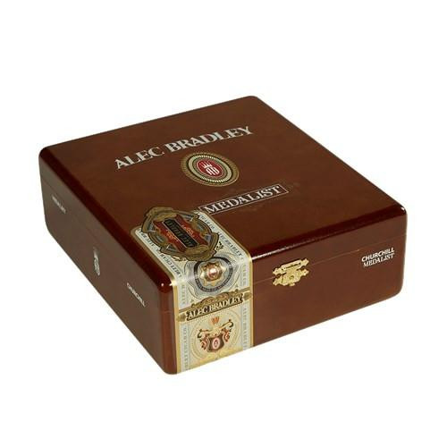 Alec Bradley Medalist Churchill Cigars 24Ct. Box, brown wooden cigar box with Alec Bradley branding and decorative gold accents.