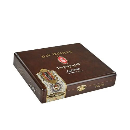 Alec Bradley Prensado Lost Art Torpedo Cigars 20Ct. Box, a dark brown cigar box with gold and red branding and decorative gold accents.