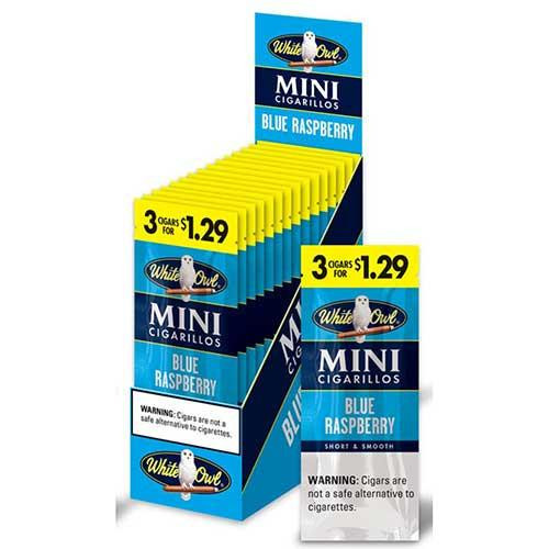 Swedish Match White Owl Mini Cigarillos Blue Raspberry 15ct, display box of small cigarillos with blue raspberry flavor packaging and a single pack in front.