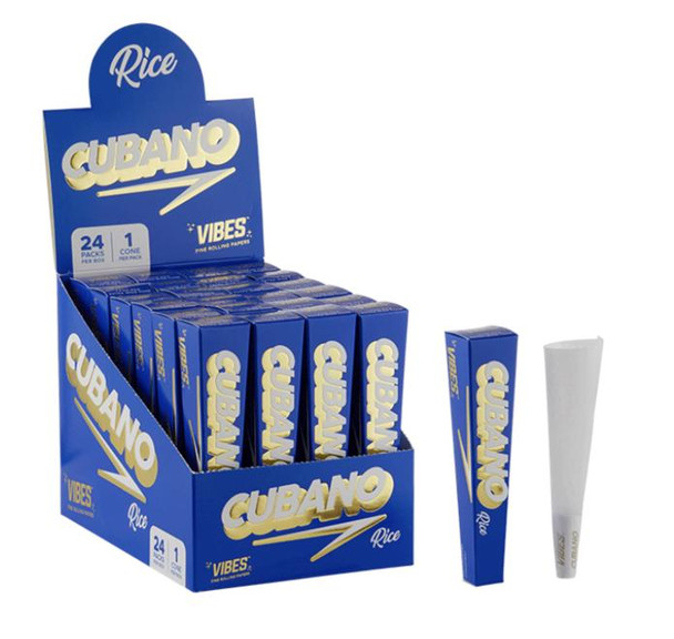 Vibes Rolling Paper Cubano Vibes Rice Cigar Cones 24Pk, a display of blue boxes containing rice cigar cones and rolling papers with a single cigar cone outside the box.