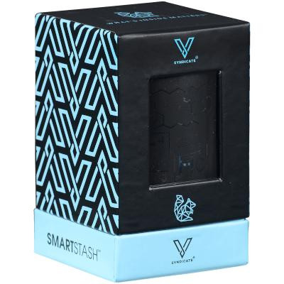 V Syndicate Smartstash THC Elemental Blue Small 3.5-inch Container, black and blue patterned packaging with a transparent window showing the compact container inside.