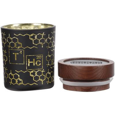 V Syndicate Smartstash THC Elemental Yellow Medium 4" Container, black container with gold chemical structure design and yellow lettering.