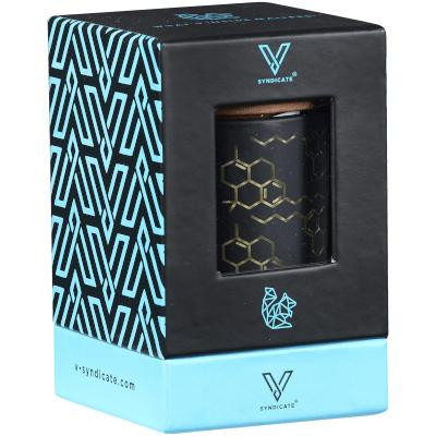 V Syndicate Smartstash Thc Elemental Yellow Small 3.5" Container, black jar with yellow hexagonal pattern, in black and blue packaging with geometric design.
