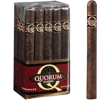 Quorum Maduro Churchill Cigars 20 Ct. Bundle, image of a box containing 20 Maduro Churchill cigars and an individual cigar displayed outside the box.
