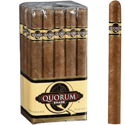 Quorum Shade Churchill Cigars 20 Ct. Bundle, image of a pack of 20 cigars with one cigar placed beside the bundle showing the cigar's band and its brown wrapper.