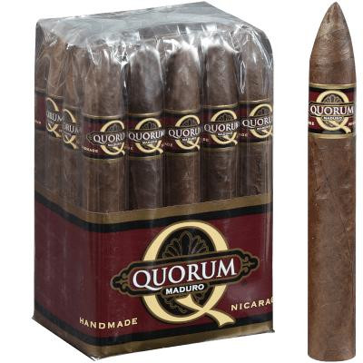 Quorum Maduro Torpedo Cigars 20 Ct. Bundle, pack of handmade cigars with dark Maduro wrappers and gold-embellished band, one cigar placed upright for display.