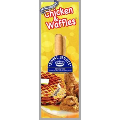 Royal Blunts EZ Roll Wraps Tubes Chicken & Waffles, packaging featuring a yellow background, an image of a wrap tube, and fried chicken and waffles at the bottom.
