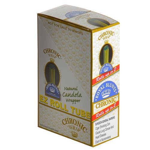 Royal Blunts EZ Roll Wraps Tubes Chronic Natural Candela 25Ct, packaging box with product name and warning labels.