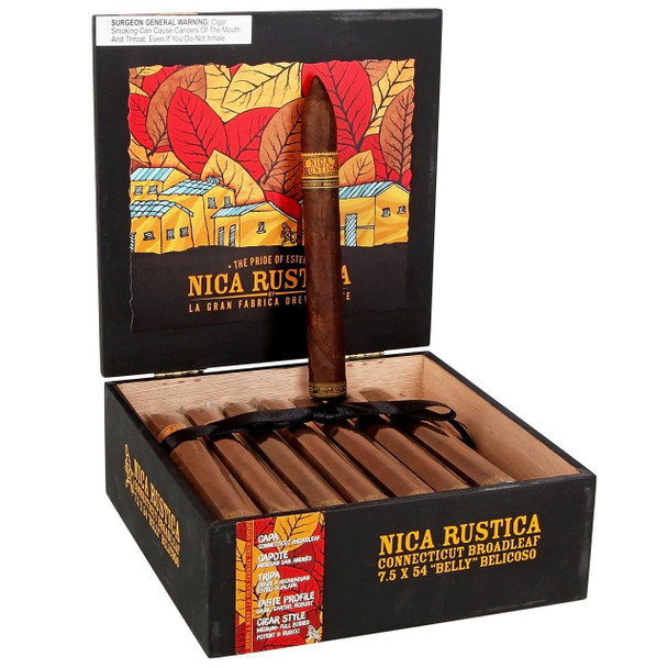 Drew Estate Nica Rustica Broadleaf Belly Cigars 25 Ct Box, a black box with an open lid showing five cigars wrapped in broadleaf, with colorful illustrations of houses and leaves on the packaging.
