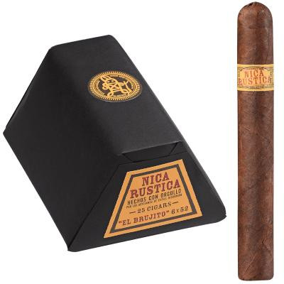 Drew Estate Nica Rustica El Brujito Cigars 25 Ct. Bundle, a black box with the Nica Rustica label and a single El Brujito cigar with a yellow band.