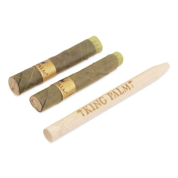 King Palm Wraps, King Palm Perfect Pear Wraps Rollie Rolls 20Pk display with two wrapped leaf rolls and a wooden rollie roller with branding.