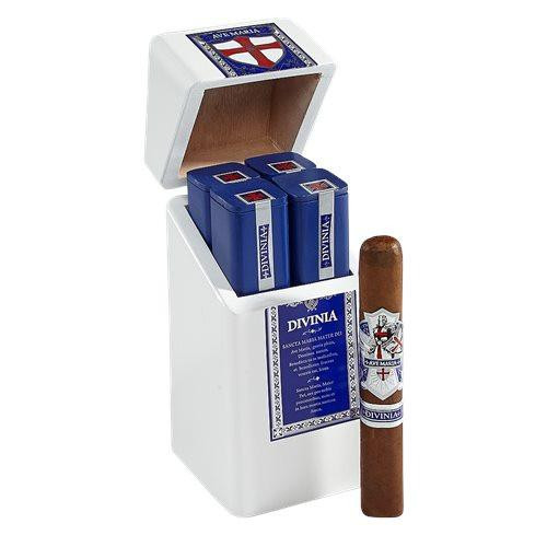 Ave Maria Divinia Cigars Tubo 4Ct. Box-Pressed, arranged inside a white cigar box with a single cigar outside.