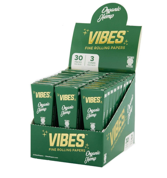 Vibes Organic Hemp 1 1/4 Cones, display box of organic hemp fine rolling papers with 30 packs containing 3 cones each.