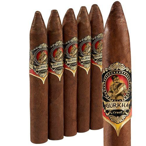 Gurkha Crest Torpedo Cigars 5Pk, a set of five cigars with dark brown wrapper and ornate Gurkha Crest label featuring a man with sunglasses and a mustache.