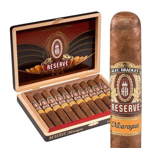 Alec Bradley Reserve Nicaraguan Robusto Cigars 10Ct. Box, a wooden box containing ten premium cigars with a detailed label featuring the Alec Bradley logo and reserve branding, alongside a single cigar with a rich brown wrapper and medical band.